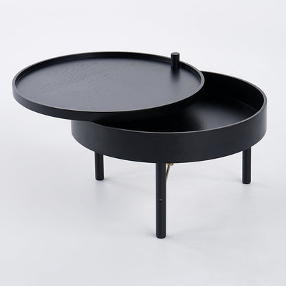 Modern Round Wood Rotating Tray Coffee Table with Storage & Metal Legs in Black - 