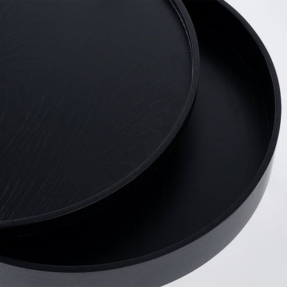Modern Round Wood Rotating Tray Coffee Table with Storage & Metal Legs in Black - 
