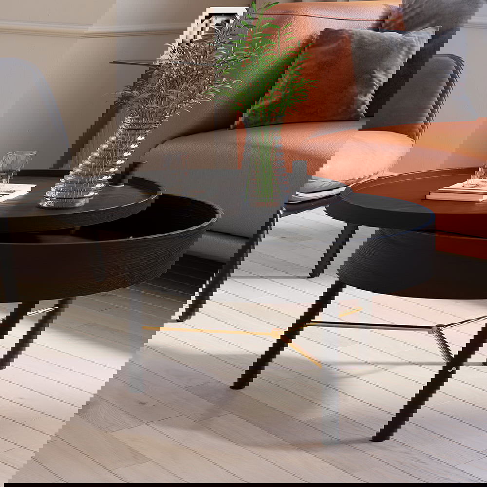 Modern Round Wood Rotating Tray Coffee Table with Storage & Metal Legs in Black - Homary