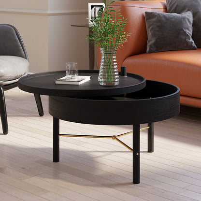 Modern Round Wood Rotating Tray Coffee Table with Storage & Metal Legs in Black - Homary