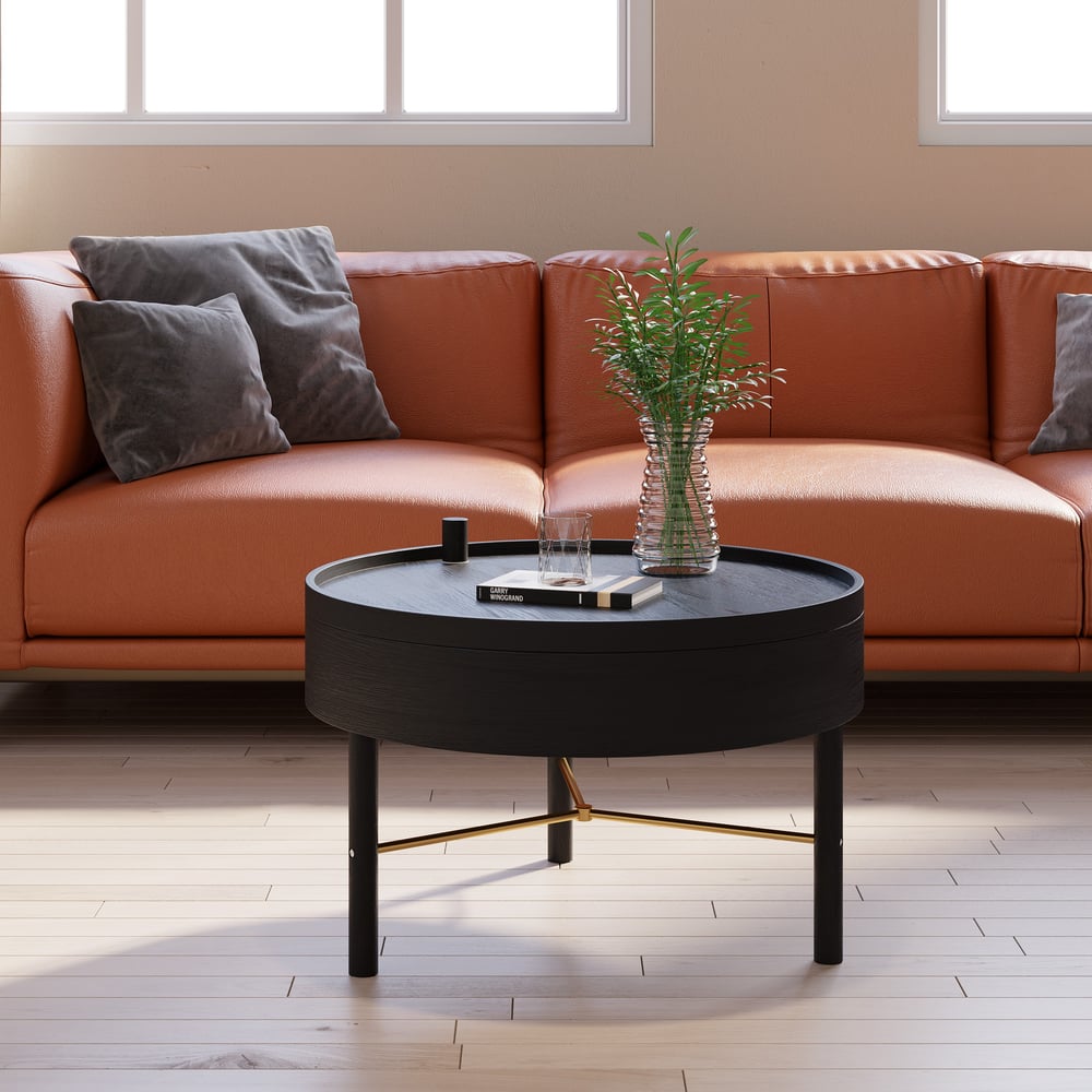 Modern Round Wood Rotating Tray Coffee Table with Storage & Metal Legs in Black - Homary