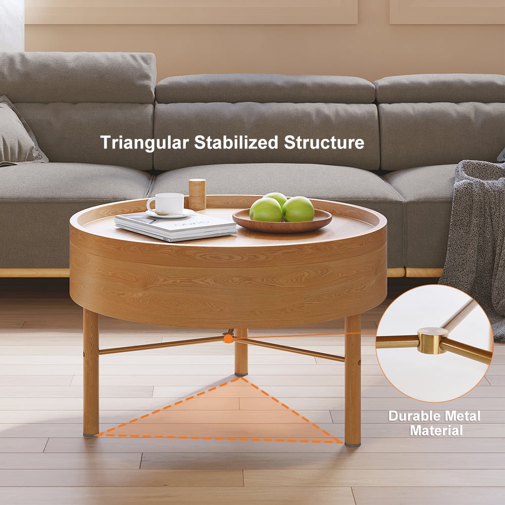 Modern Round Wood Rotating Tray Coffee Table with Storage & Metal Legs in Natural - 