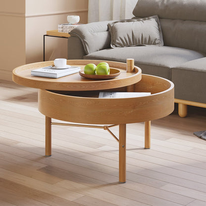 Modern Round Wood Rotating Tray Coffee Table with Storage & Metal Legs in Natural - Homary