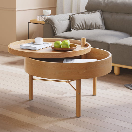 Modern Round Wood Rotating Tray Coffee Table with Storage & Metal Legs in Natural - Homary