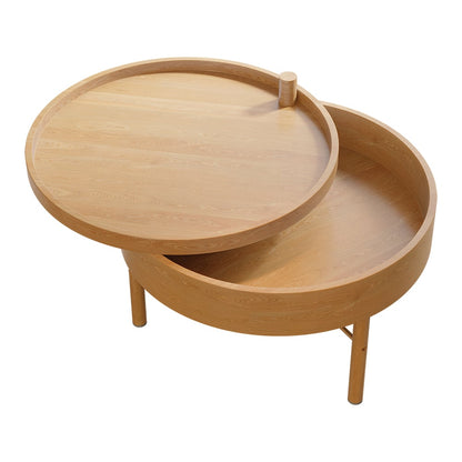 Modern Round Wood Rotating Tray Coffee Table with Storage & Metal Legs in Natural - Homary