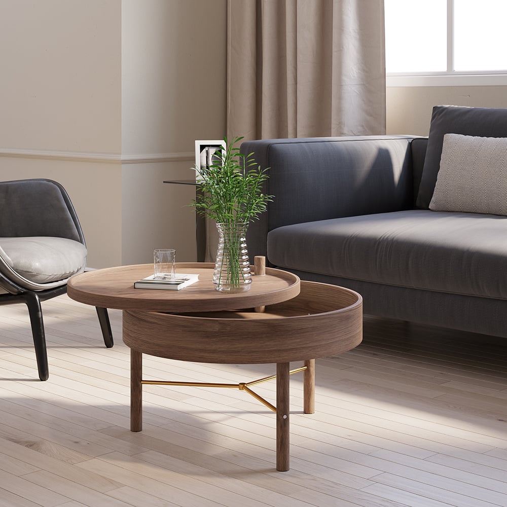 Modern Round Wood Rotating Tray Coffee Table with Storage & Metal Legs in Walnut - 