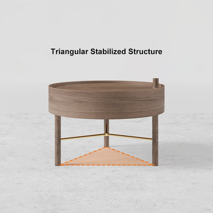 Modern Round Wood Rotating Tray Coffee Table with Storage & Metal Legs in Walnut - 