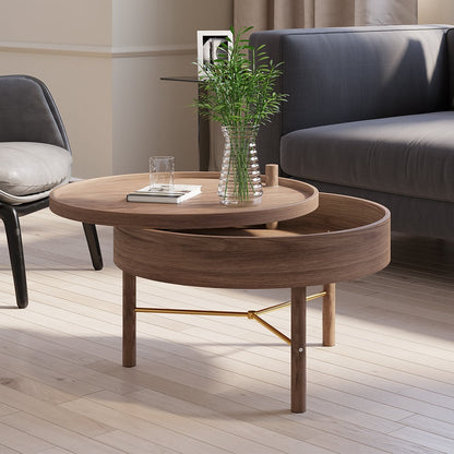 Modern Round Wood Rotating Tray Coffee Table with Storage & Metal Legs in Walnut - Homary