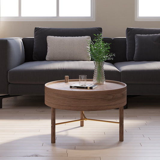 Modern Round Wood Rotating Tray Coffee Table with Storage & Metal Legs in Walnut - Homary