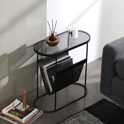 Modern Side Table Black End Table Metal Accent Oval Table Magazine Holder Sofa Table - 