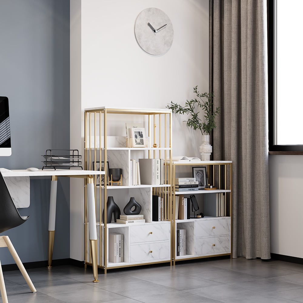 Modern Small Metal Etagere Bookshelf with 2 Drawers in White & Gold - 