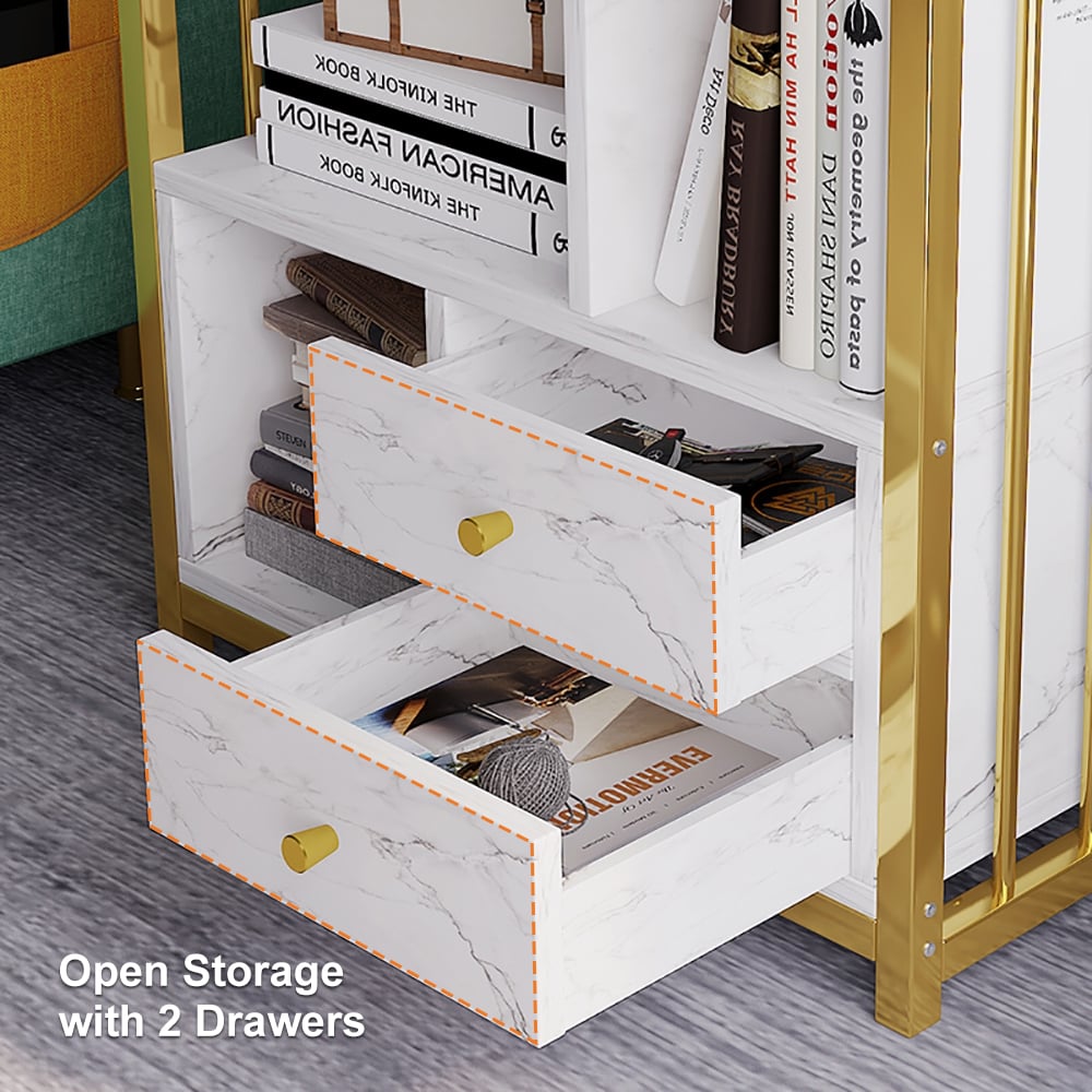 Modern Small Metal Etagere Bookshelf with 2 Drawers in White & Gold - 