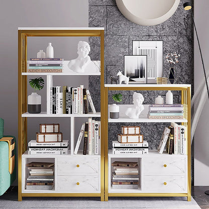 Modern Small Metal Etagere Bookshelf with 2 Drawers in White & Gold - 