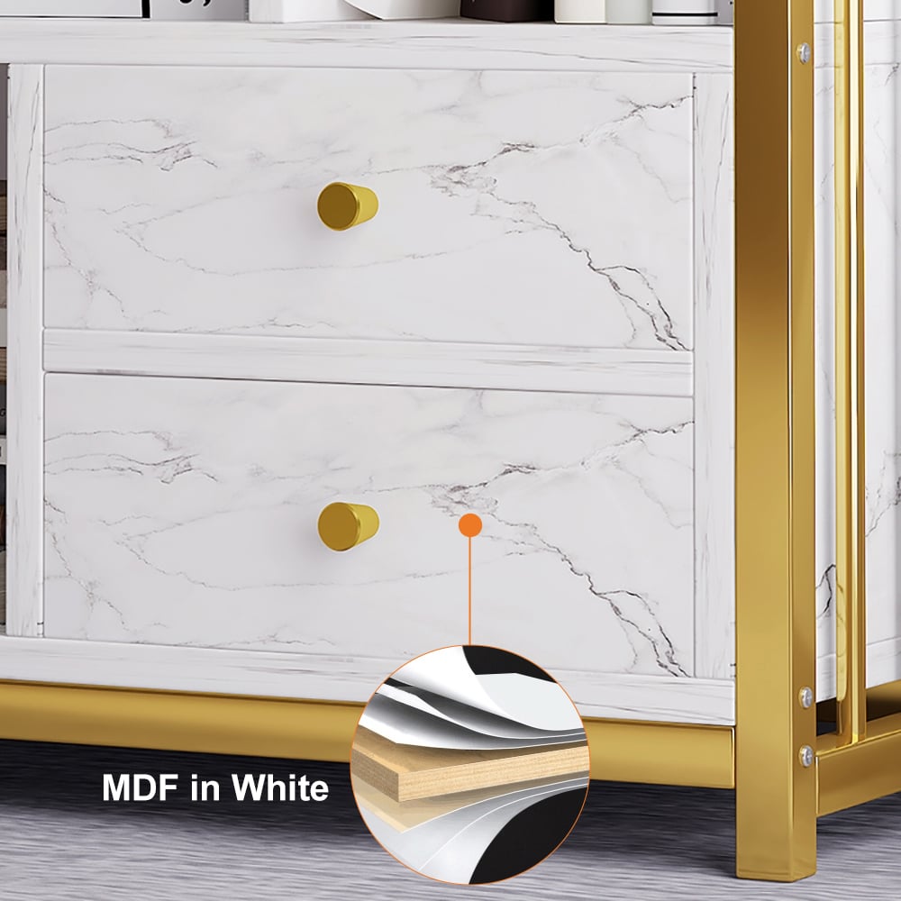 Modern Small Metal Etagere Bookshelf with 2 Drawers in White & Gold - 