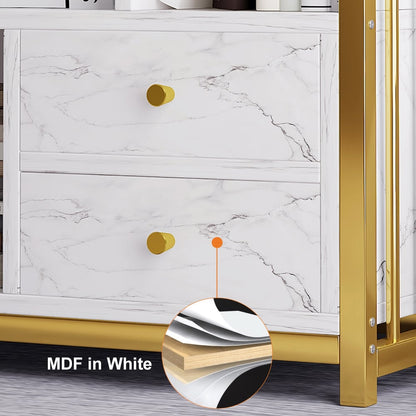 Modern Small Metal Etagere Bookshelf with 2 Drawers in White & Gold - 