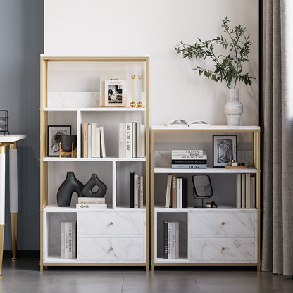 Modern Small Metal Etagere Bookshelf with 2 Drawers in White & Gold - 