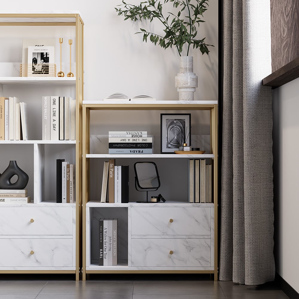 Modern Small Metal Etagere Bookshelf with 2 Drawers in White & Gold - 