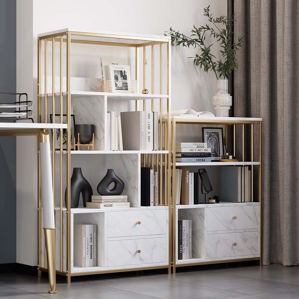 Modern Small Metal Etagere Bookshelf with 2 Drawers in White & Gold - 