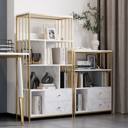 Modern Small Metal Etagere Bookshelf with 2 Drawers in White & Gold - 