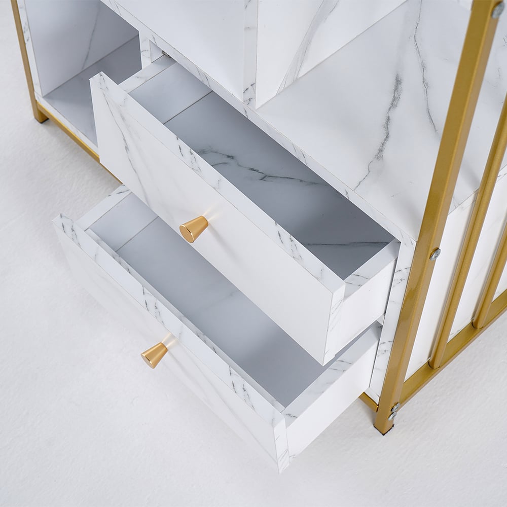 Modern Small Metal Etagere Bookshelf with 2 Drawers in White & Gold - 
