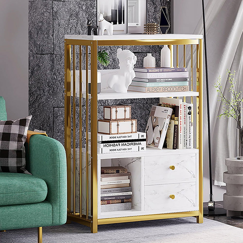 Modern Small Metal Etagere Bookshelf with 2 Drawers in White & Gold - Approved By Design