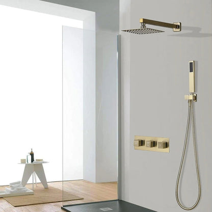 Modern Square Rain Shower Head Wall Mounted Solid Brass Shower Mixer in Brushed Gold - 