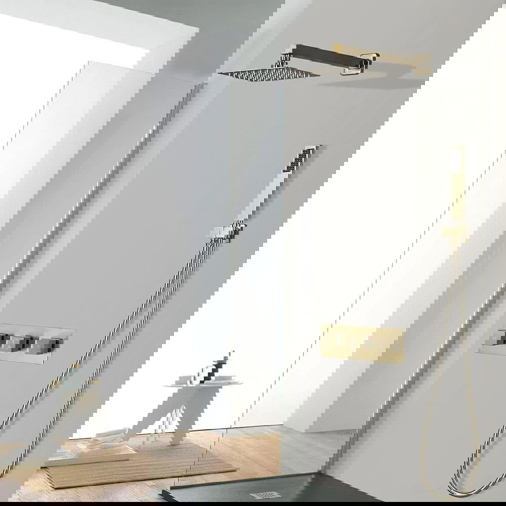 Modern Square Rain Shower Head Wall Mounted Solid Brass Shower Mixer in Brushed Gold - 