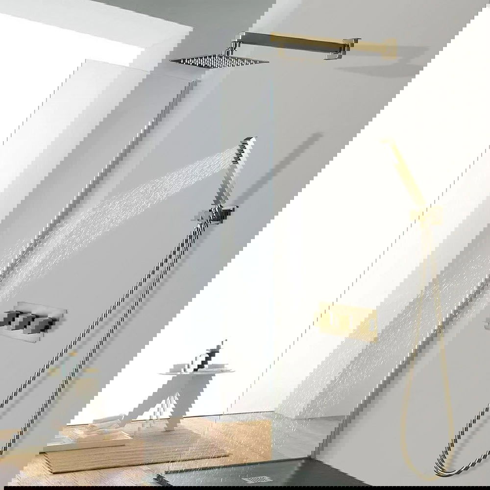 Modern Square Rain Shower Head Wall Mounted Solid Brass Shower Mixer in Brushed Gold - 