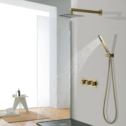 Modern Square Rain Shower Head Wall Mounted Solid Brass Shower Mixer in Brushed Gold - 