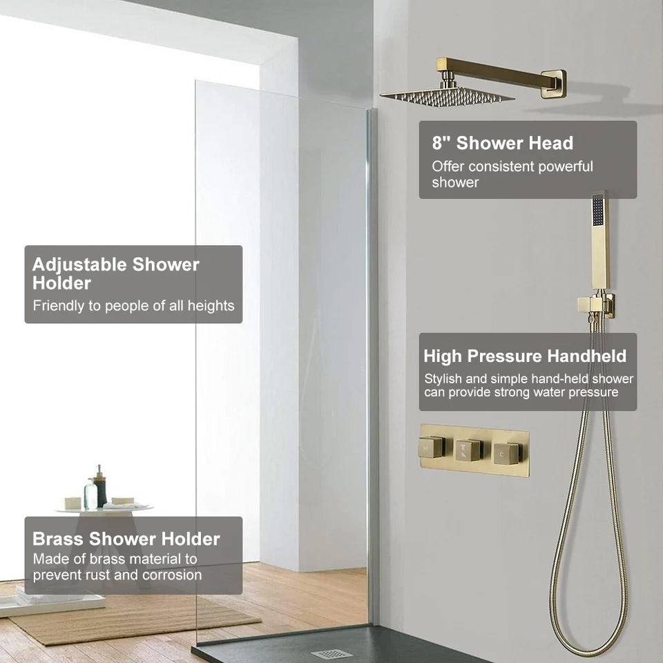 Modern Square Rain Shower Head Wall Mounted Solid Brass Shower Mixer in Brushed Gold - 