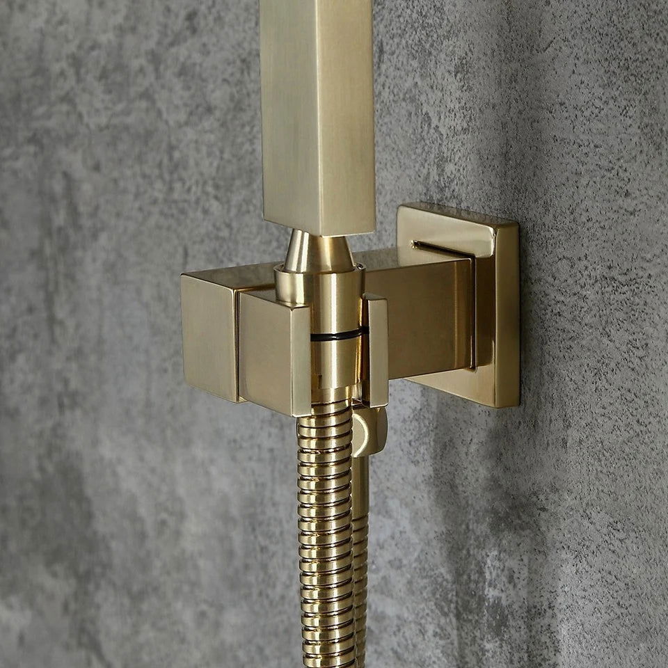 Modern Square Rain Shower Head Wall Mounted Solid Brass Shower Mixer in Brushed Gold - 