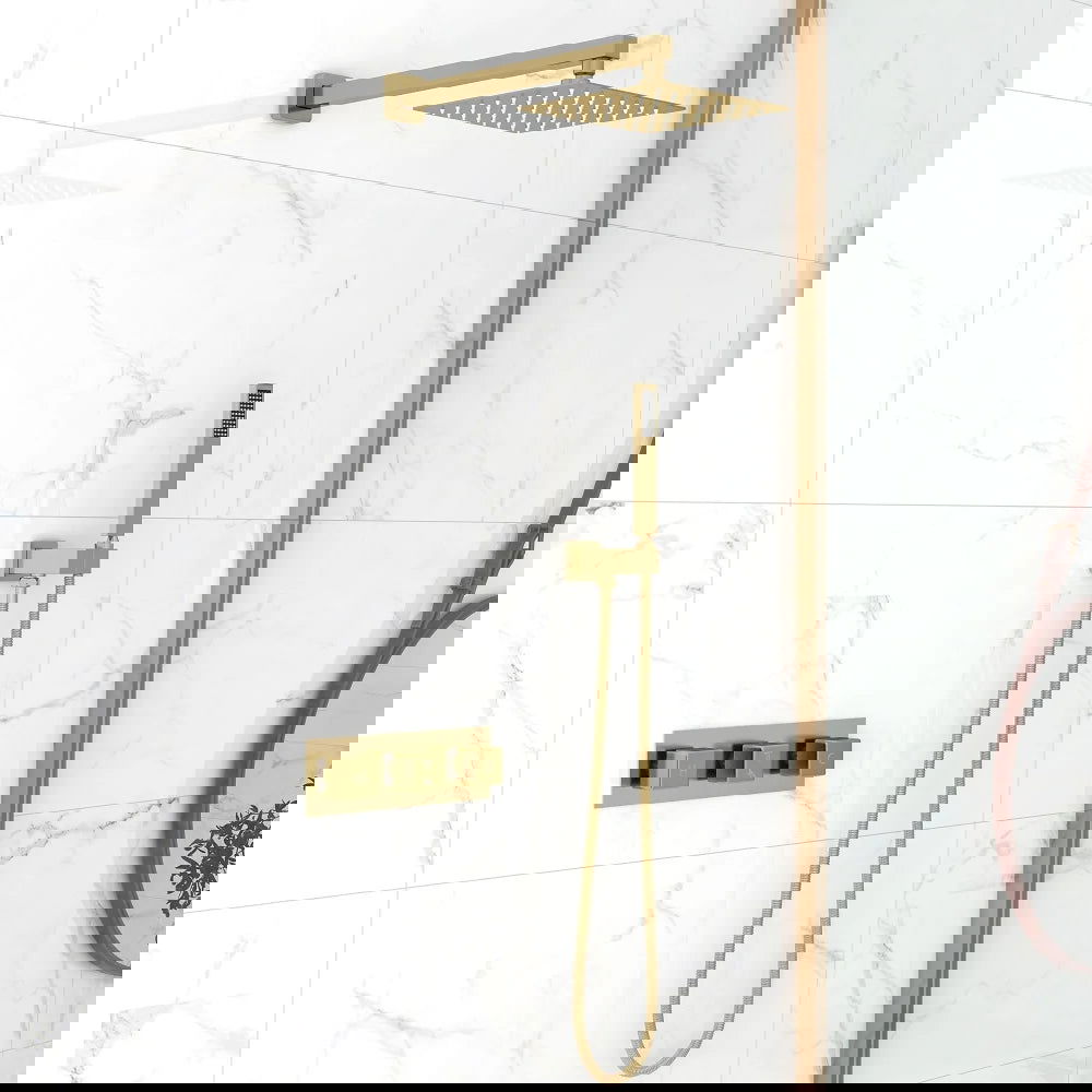 Modern Square Rain Shower Head Wall Mounted Solid Brass Shower Mixer in Brushed Gold - 