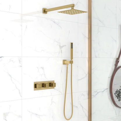 Modern Square Rain Shower Head Wall Mounted Solid Brass Shower Mixer in Brushed Gold - 