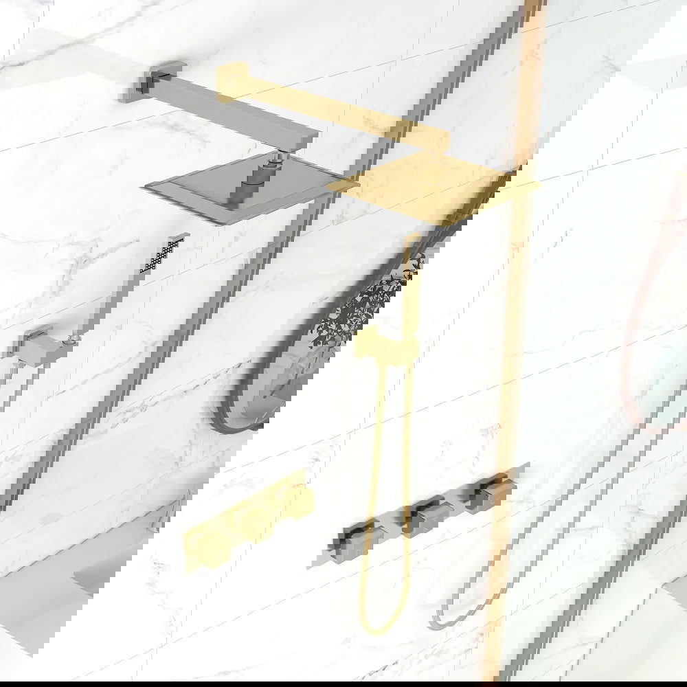 Modern Square Rain Shower Head Wall Mounted Solid Brass Shower Mixer in Brushed Gold - 