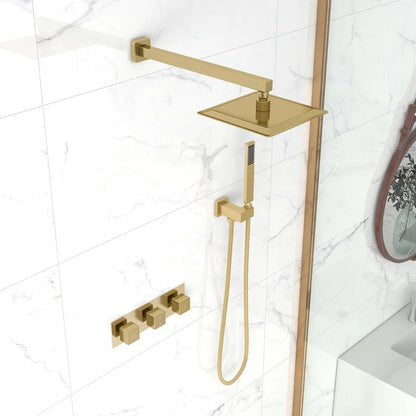 Modern Square Rain Shower Head Wall Mounted Solid Brass Shower Mixer in Brushed Gold - 