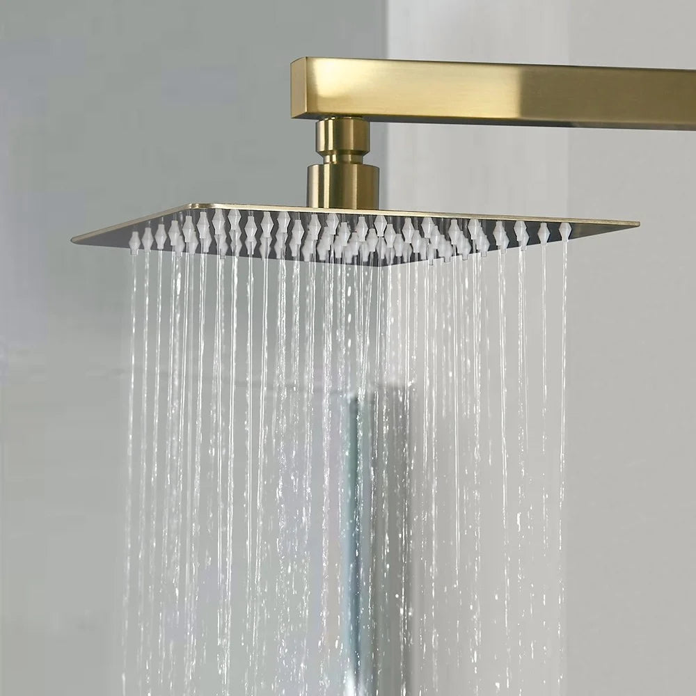 Modern Square Rain Shower Head Wall Mounted Solid Brass Shower Mixer in Brushed Gold - 