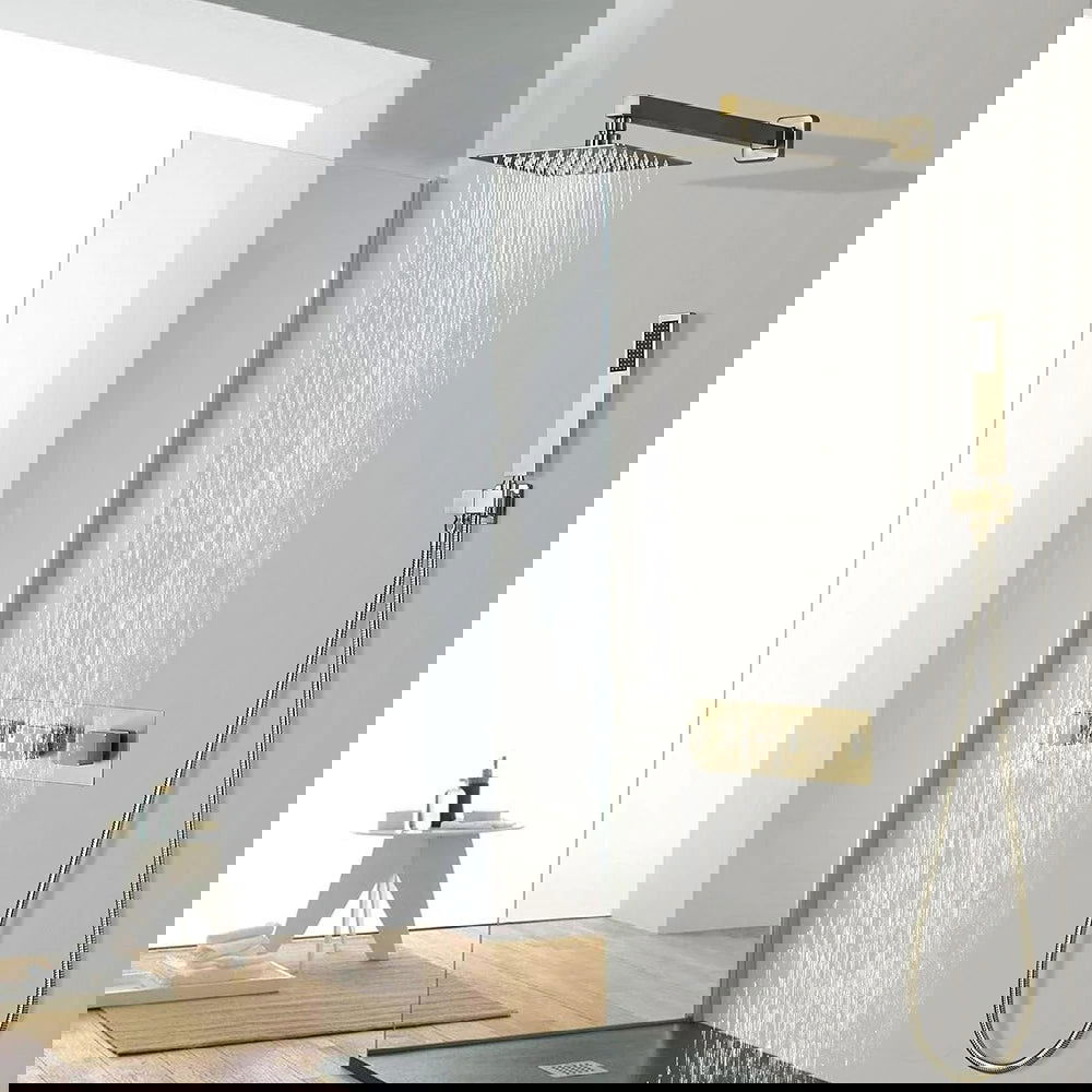 Modern Square Rain Shower Head Wall Mounted Solid Brass Shower Mixer in Brushed Gold - Homary