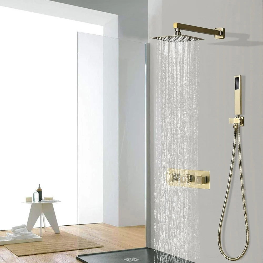 Modern Square Rain Shower Head Wall Mounted Solid Brass Shower Mixer in Brushed Gold - Homary