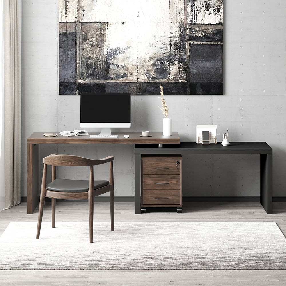 Modern Swivel Desk with Movable File Cabinet Black & Walnut L-Shaped Rotating Desk - 