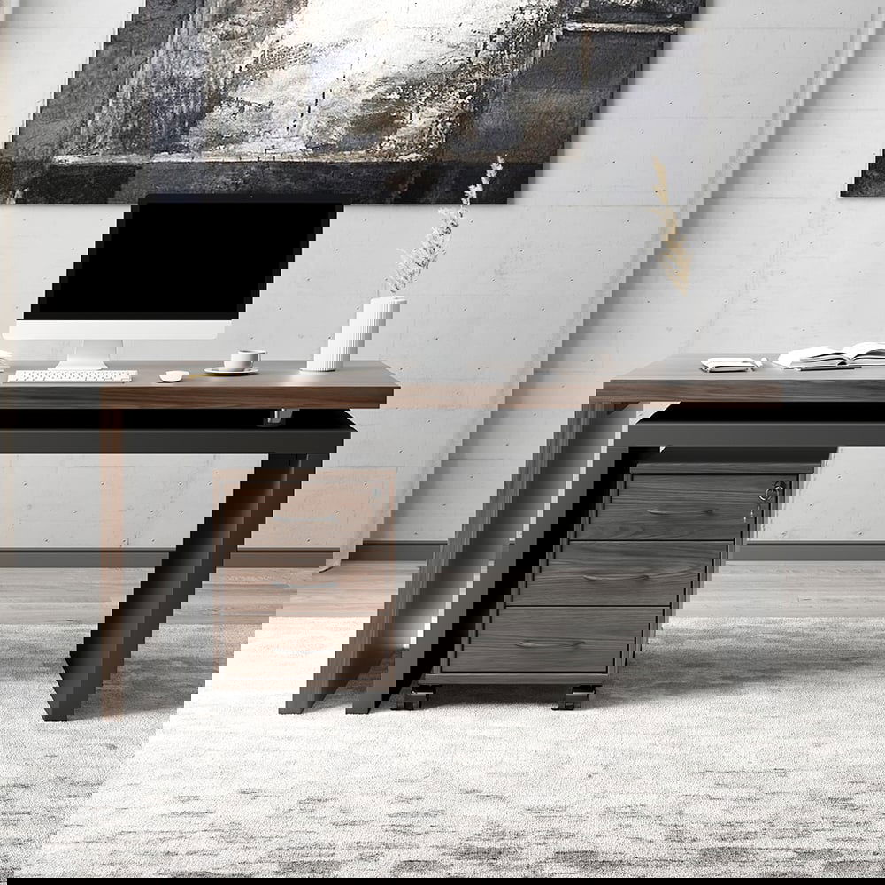 Modern Swivel Desk with Movable File Cabinet Black & Walnut L-Shaped Rotating Desk - 