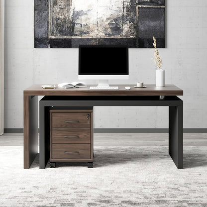 Modern Swivel Desk with Movable File Cabinet Black & Walnut L-Shaped Rotating Desk - 