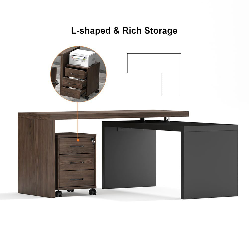 Modern Swivel Desk with Movable File Cabinet Black & Walnut L-Shaped Rotating Desk - 