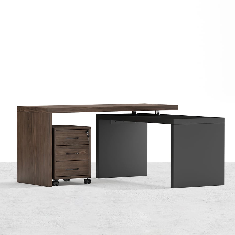 Modern Swivel Desk with Movable File Cabinet Black & Walnut L-Shaped Rotating Desk - 