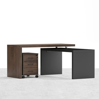 Modern Swivel Desk with Movable File Cabinet Black & Walnut L-Shaped Rotating Desk - 