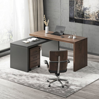 Modern Swivel Desk with Movable File Cabinet Black & Walnut L-Shaped Rotating Desk - 