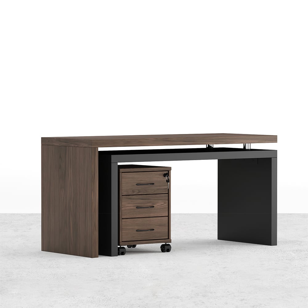 Modern Swivel Desk with Movable File Cabinet Black & Walnut L-Shaped Rotating Desk - 