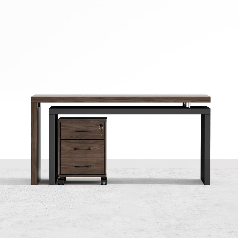Modern Swivel Desk with Movable File Cabinet Black & Walnut L-Shaped Rotating Desk - 