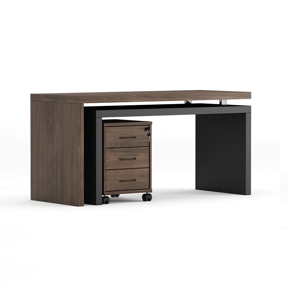 Modern Swivel Desk with Movable File Cabinet Black & Walnut L-Shaped Rotating Desk - 