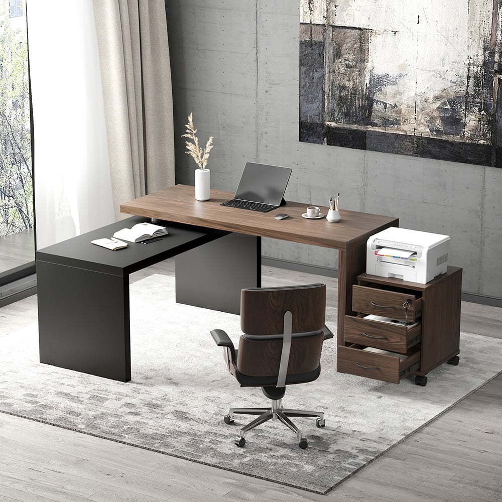 Modern Swivel Desk with Movable File Cabinet Black & Walnut L-Shaped Rotating Desk - Homary