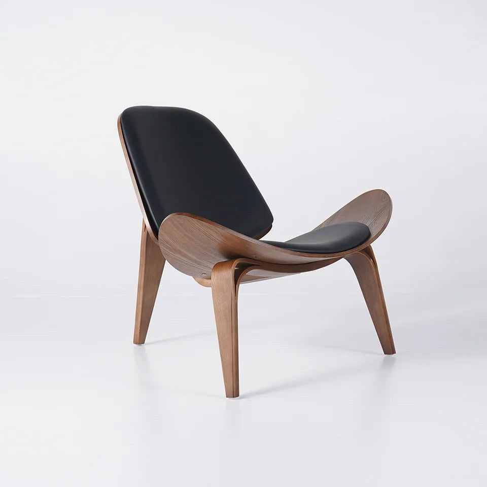 Modern Tripod Black Leather Shell Lounge Chair with Single Side in Walnut - 